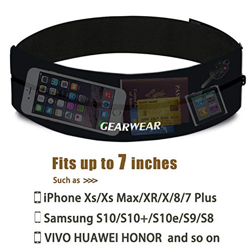 GEARWEAR Running Belt for Women Runner Waist Phone Holder for Men Travel Waistband for Passort Workout Fitness Jogging Walking Hiking Cycling Sports iPhone Fanny Pack Bag Black Zipper