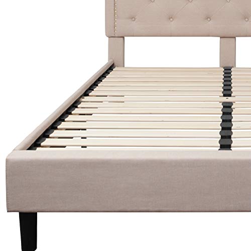 Flash Furniture Brighton Queen Size Tufted Upholstered Platform Bed in Beige Fabric