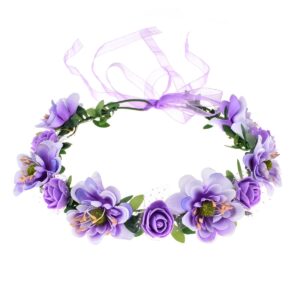 june bloomy rose flower leave crown bridal halo headband with adjustable ribbon (lavender)