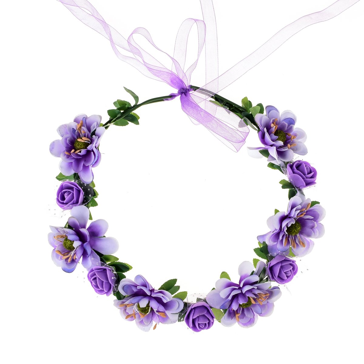 June Bloomy Rose Flower Leave Crown Bridal Halo Headband with Adjustable Ribbon (Lavender)