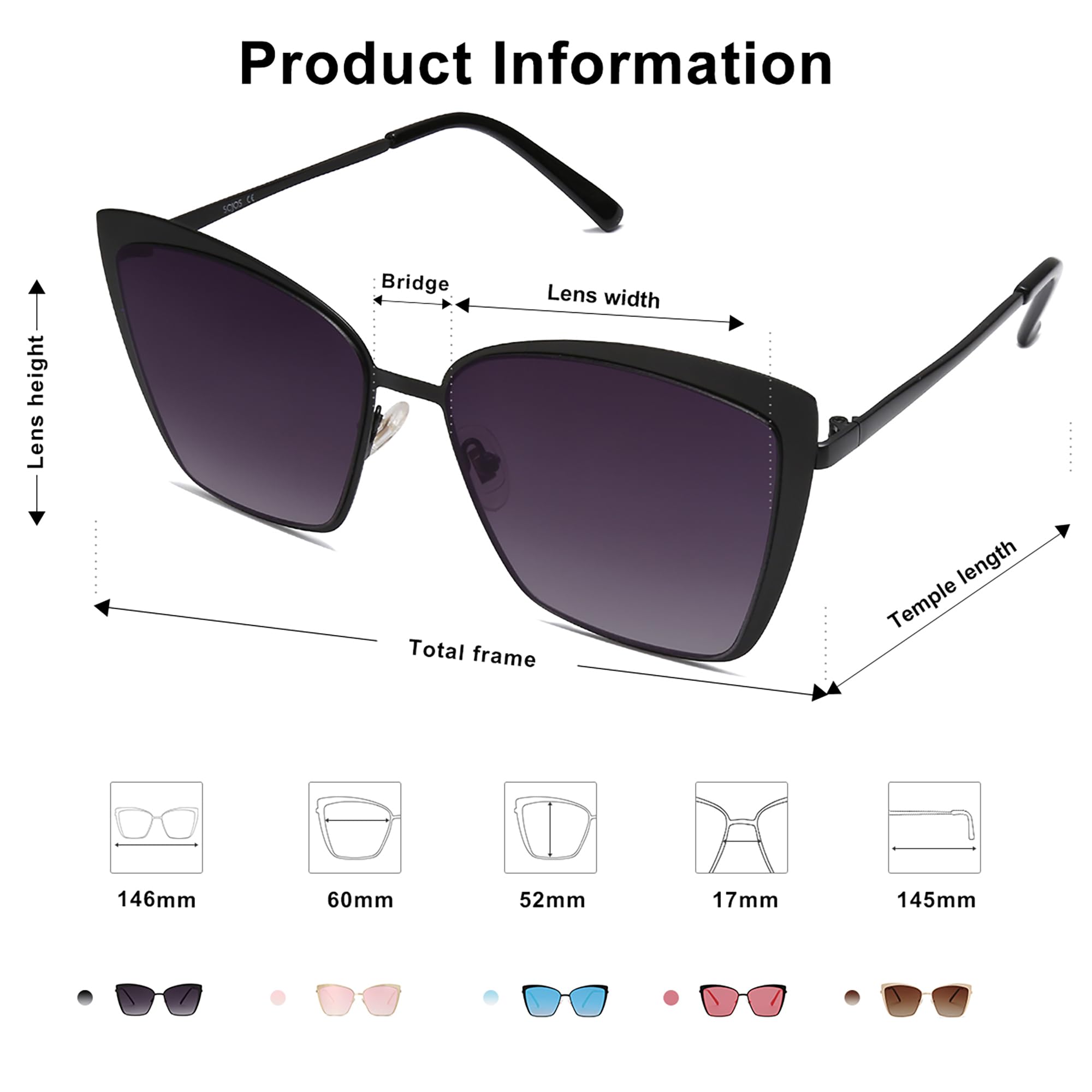 SOJOS Cateye Sunglasses for Women Fashion Mirrored Lens Metal Frame SJ1086 with Matte Black Frame/Gradient Grey Lens