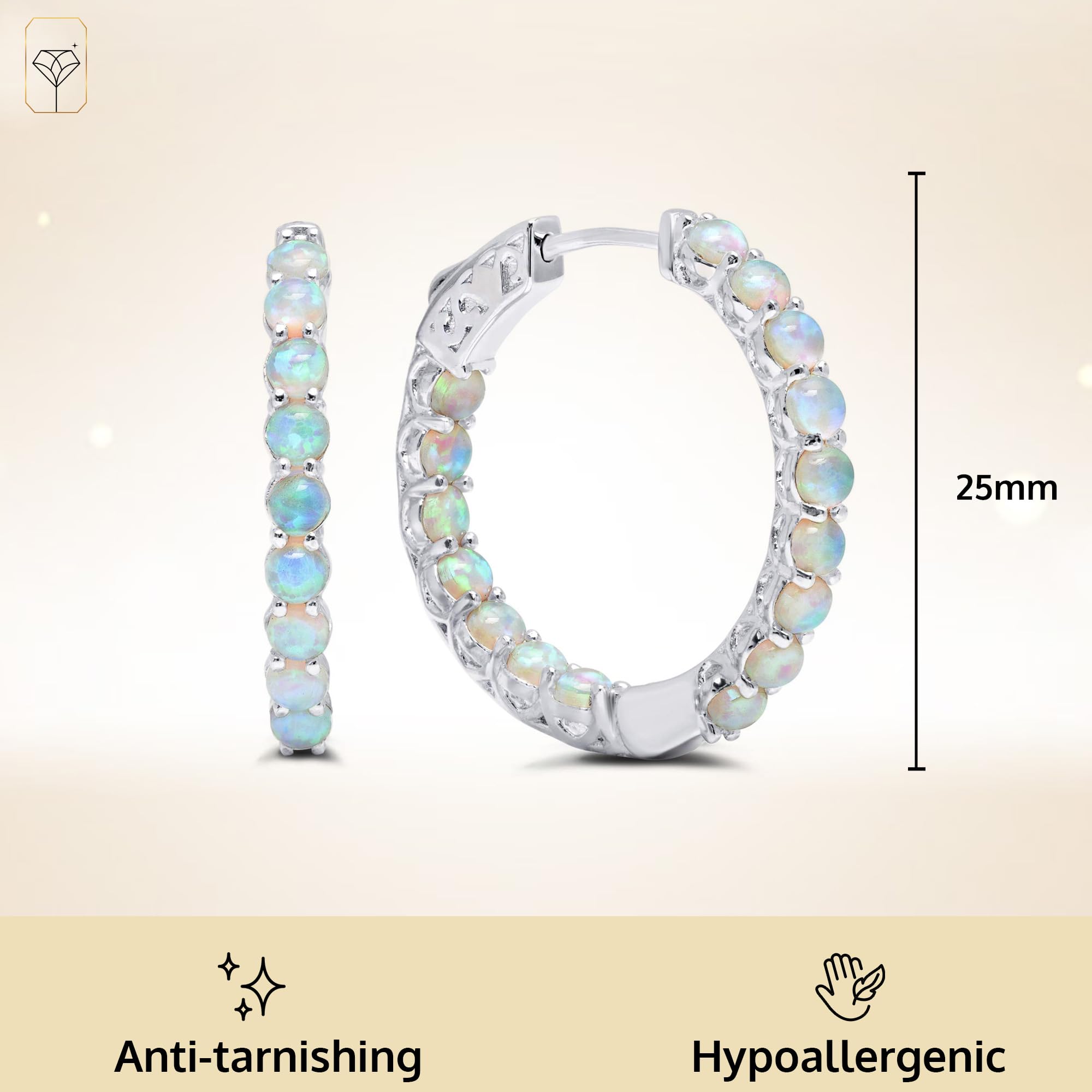 MAX + STONE Created Opal Inside Out Hoop Earrings for Women in 925 Sterling Silver 1 Inch Diameter and 3mm October Birthstone with Notched Post with Lock