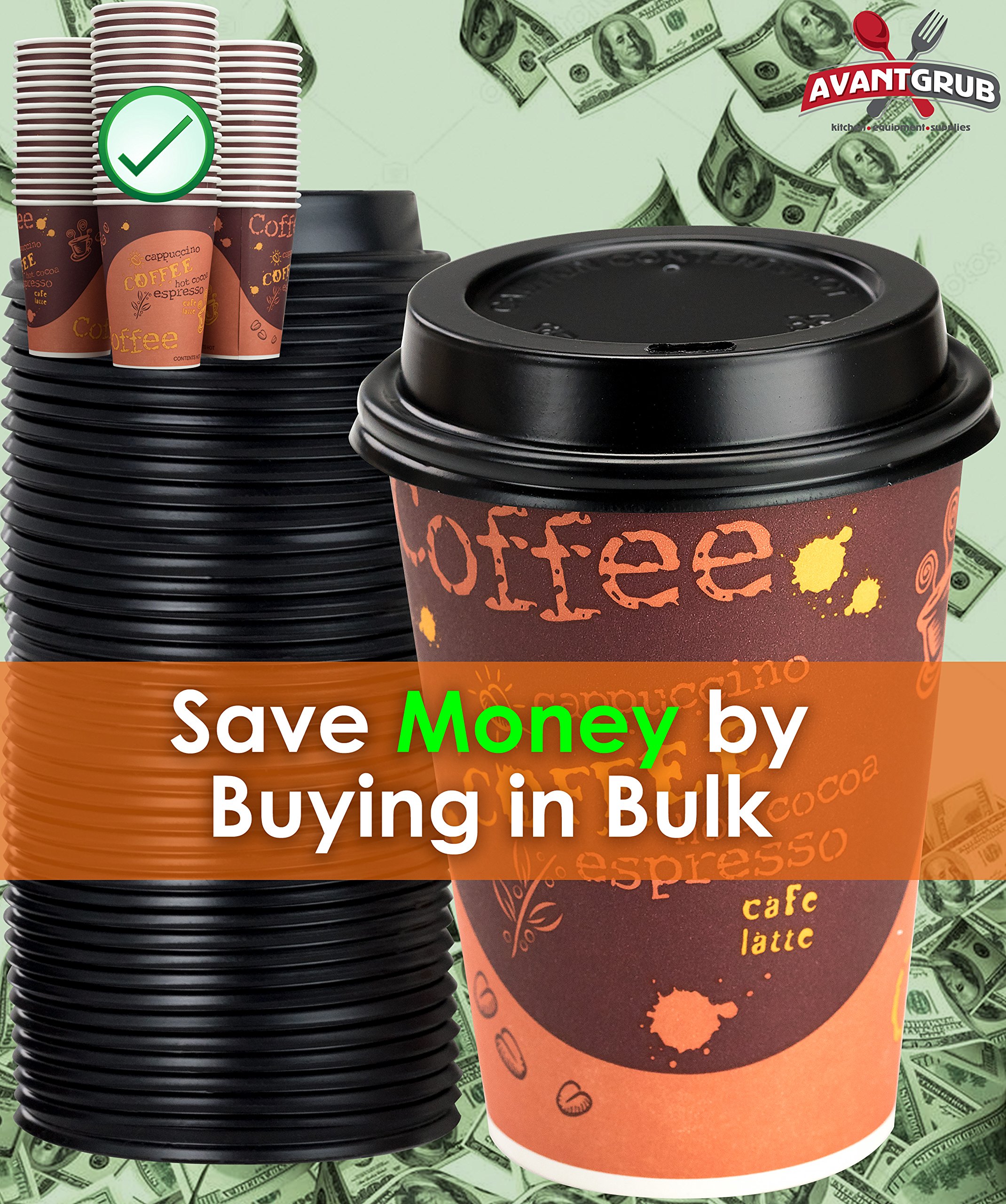 Avant Grub 100 Pack 12 Oz Restaurant Grade Paper Coffee Drinking Cup With Recyclable Dome Lids. Durable, BPA Free Disposable Designer Cups For Hot Drinks At Kiosks, Shops, Cafes