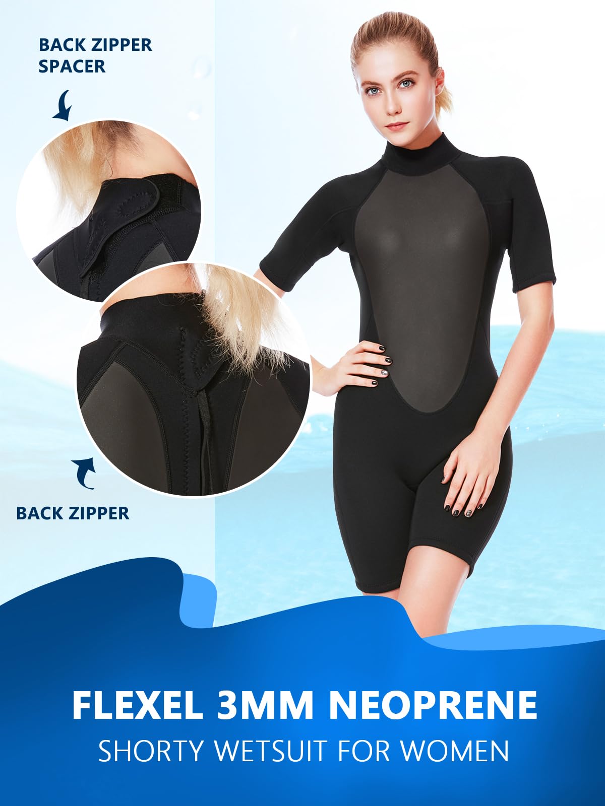 FLEXEL Shorty Wetsuit Women 3mm, Wet Suits for Mens in cold water, Neoprene Scuba Diving Suit for Surfing Swimming Snorkeling