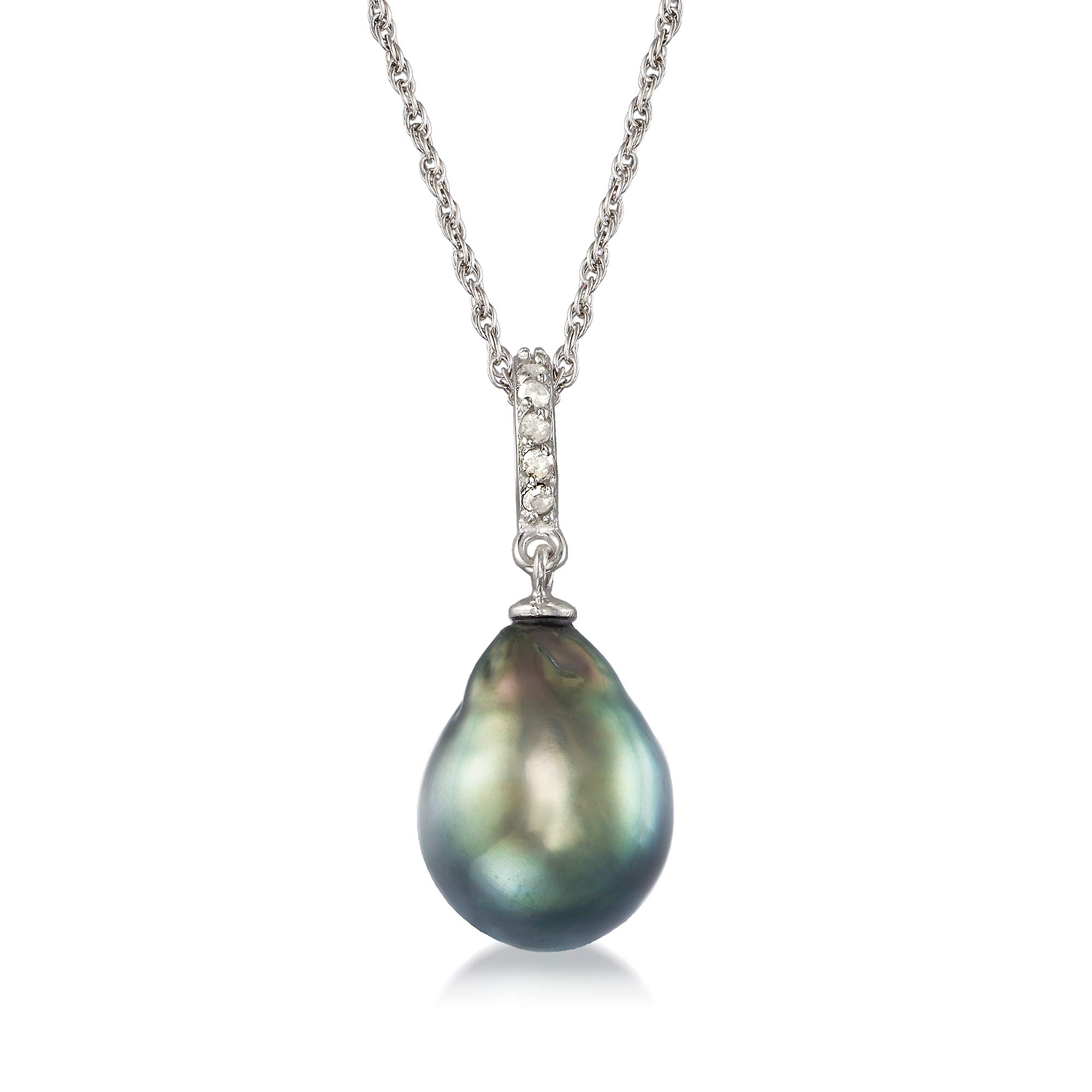 Ross-Simons 11-12mm Black Cultured Tahitian Pearl Pendant Necklace With .10 ct. t.w. Diamonds in Sterling Silver. 18 inches