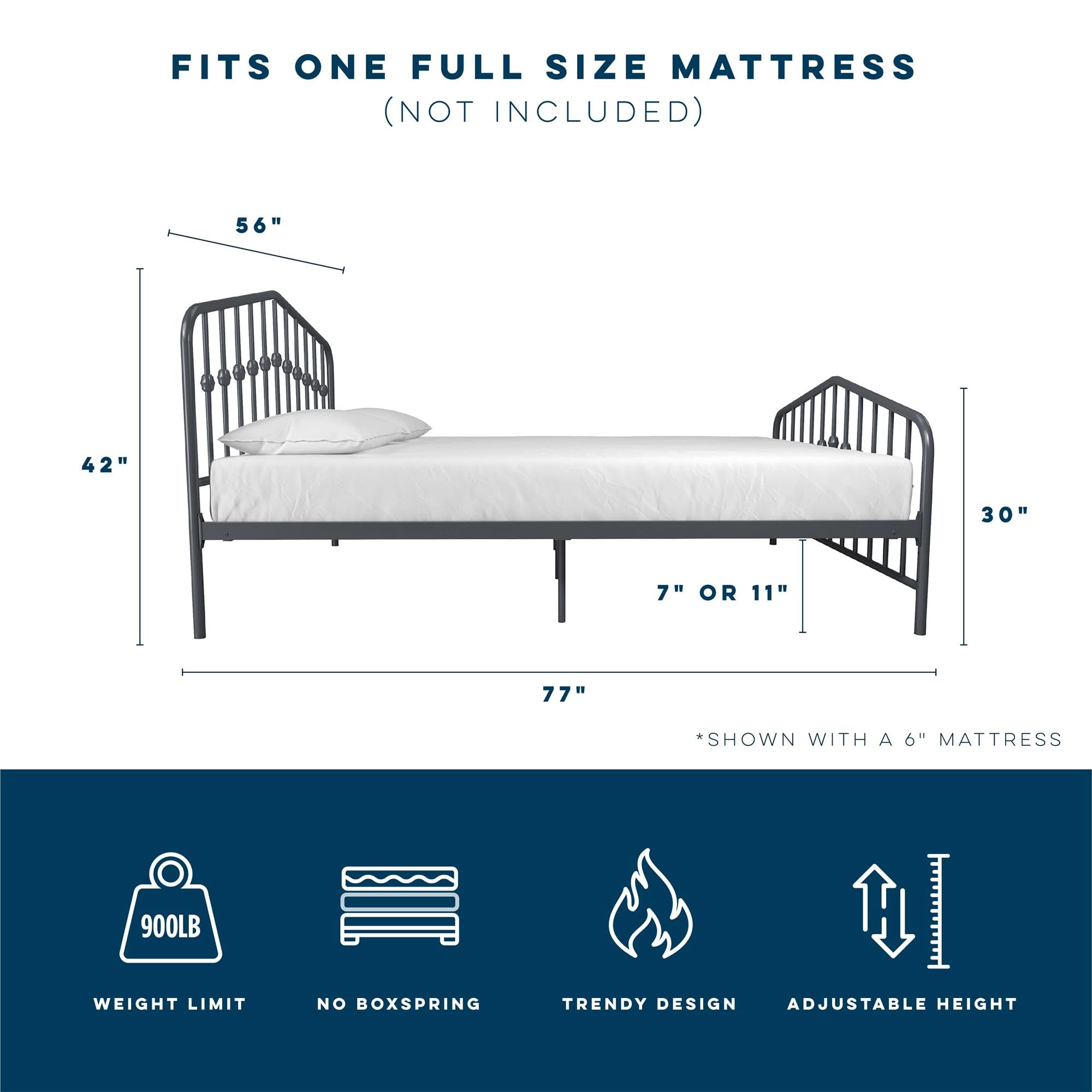 Novogratz Bushwick Metal Bed with Headboard and Footboard | Modern Design | Full Size - Grey