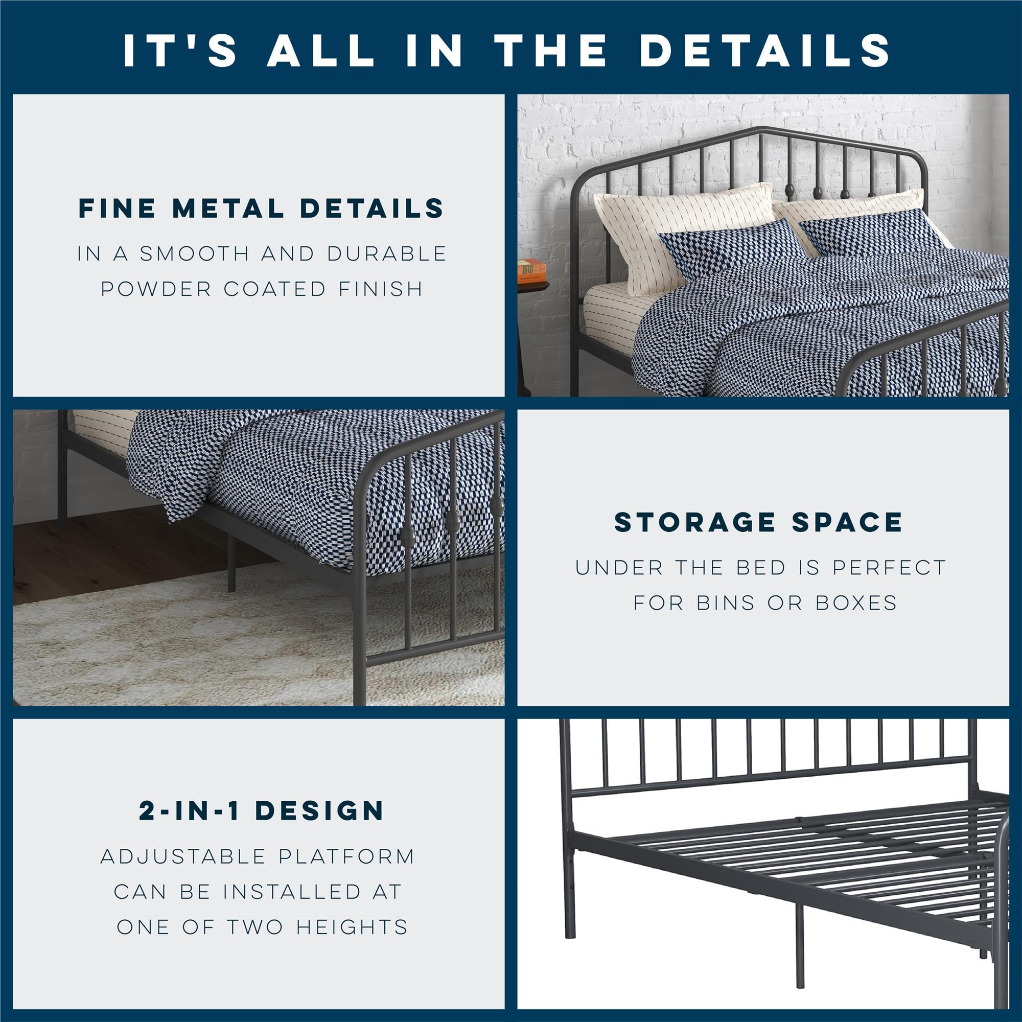 Novogratz Bushwick Metal Bed with Headboard and Footboard | Modern Design | Full Size - Grey