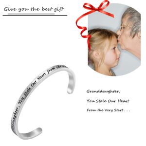 FEELMEM Granddaughter Bracelet Granddaughter, You Stole Our Heart from the Very Start Cuff Bangle Gift for Granddaughter Family Jewelry(Granddaughter Stole Heart-Silver)