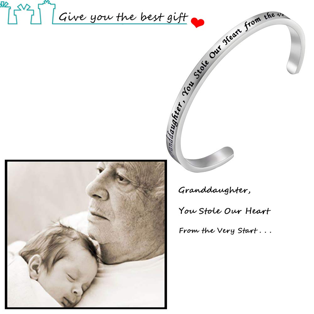 FEELMEM Granddaughter Bracelet Granddaughter, You Stole Our Heart from the Very Start Cuff Bangle Gift for Granddaughter Family Jewelry(Granddaughter Stole Heart-Silver)