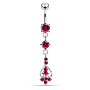 red cz gemstone 2 round with filigree flower dangling 925 sterling silver belly ring body jewelry