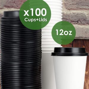 White 12 Oz Paper Coffee Cups With Recyclable Dome Lids, 100 Pk. BPA Free Disposable Drink Cup Set for Serving Hot Tea and Lattes at Kiosks, Shops, Cafes, or Concession Stand