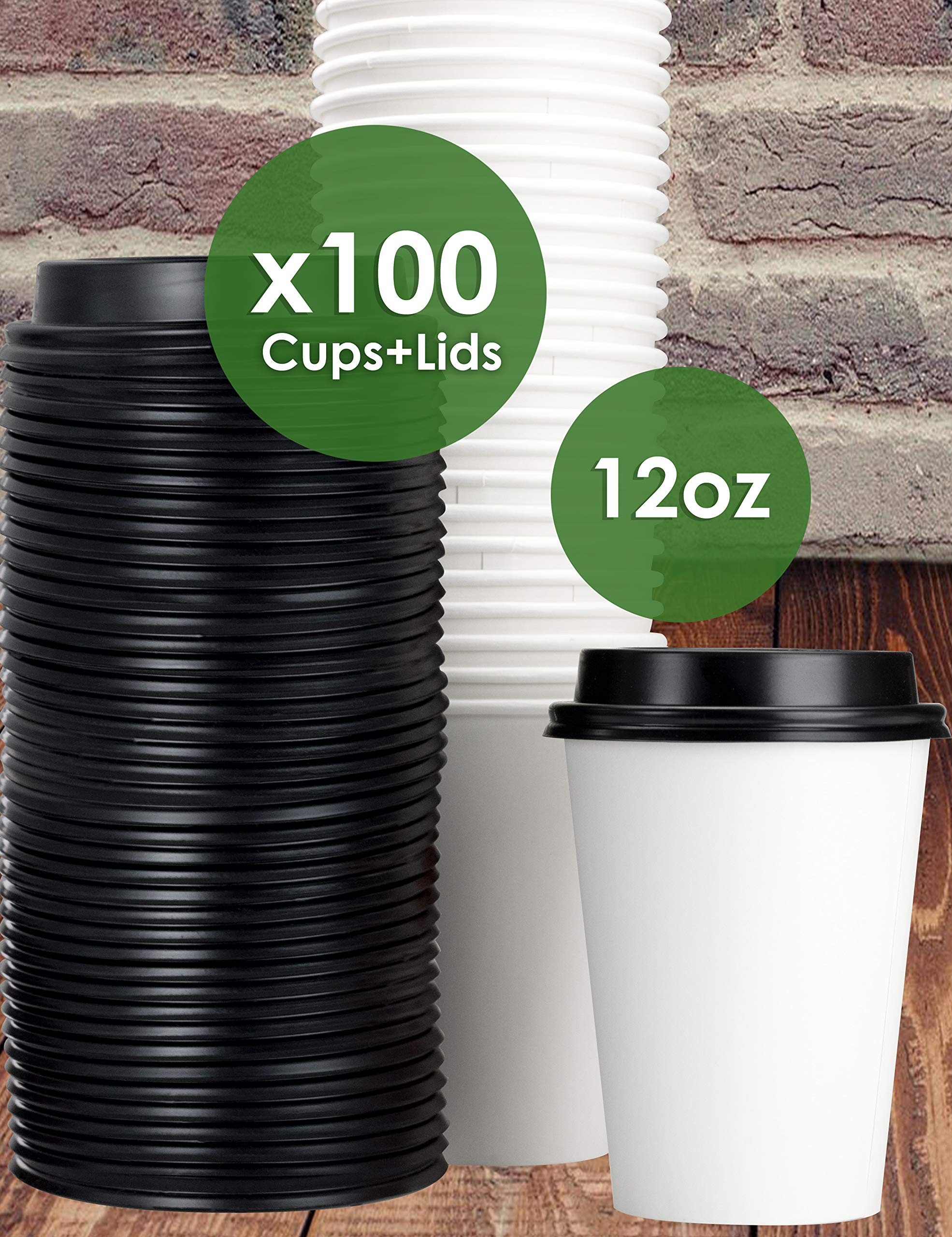 White 12 Oz Paper Coffee Cups With Recyclable Dome Lids, 100 Pk. BPA Free Disposable Drink Cup Set for Serving Hot Tea and Lattes at Kiosks, Shops, Cafes, or Concession Stand