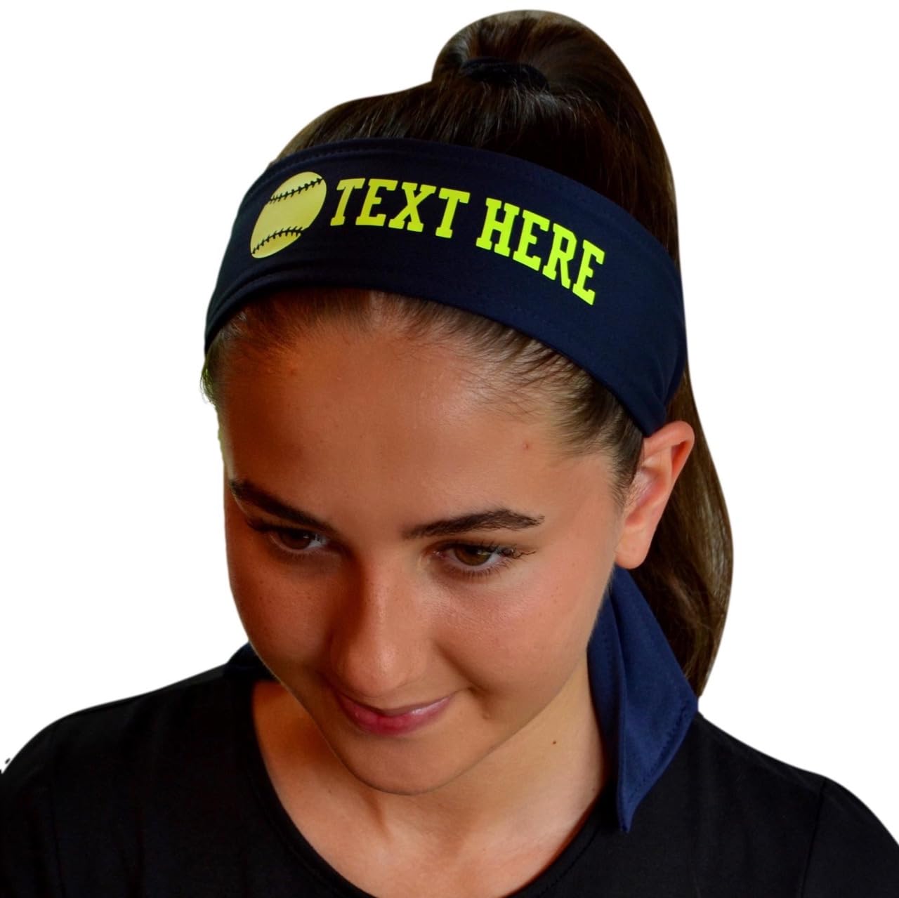 Funny Girl Designs Softball Tie Back Headband with NEON Yellow Softball Personalized with Your Custom Text - Design Your OWN (Black)