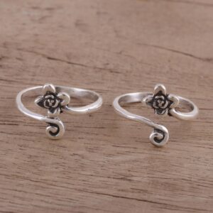 NOVICA Artisan Handmade Sterling Silver Toe Rings Flower Motif Pair No Stone India Floral [ 2 mm W] ' Flower and Swirl' Pair