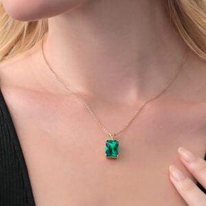 Gem Stone King 18K Yellow Gold Plated Silver Green Nano Emerald and White Diamond Pendant Necklace For Women (6.52 Cttw, Gemstone May Birthstone, Emerald Cut 14X10MM, with 18 Inch Silver Chain)