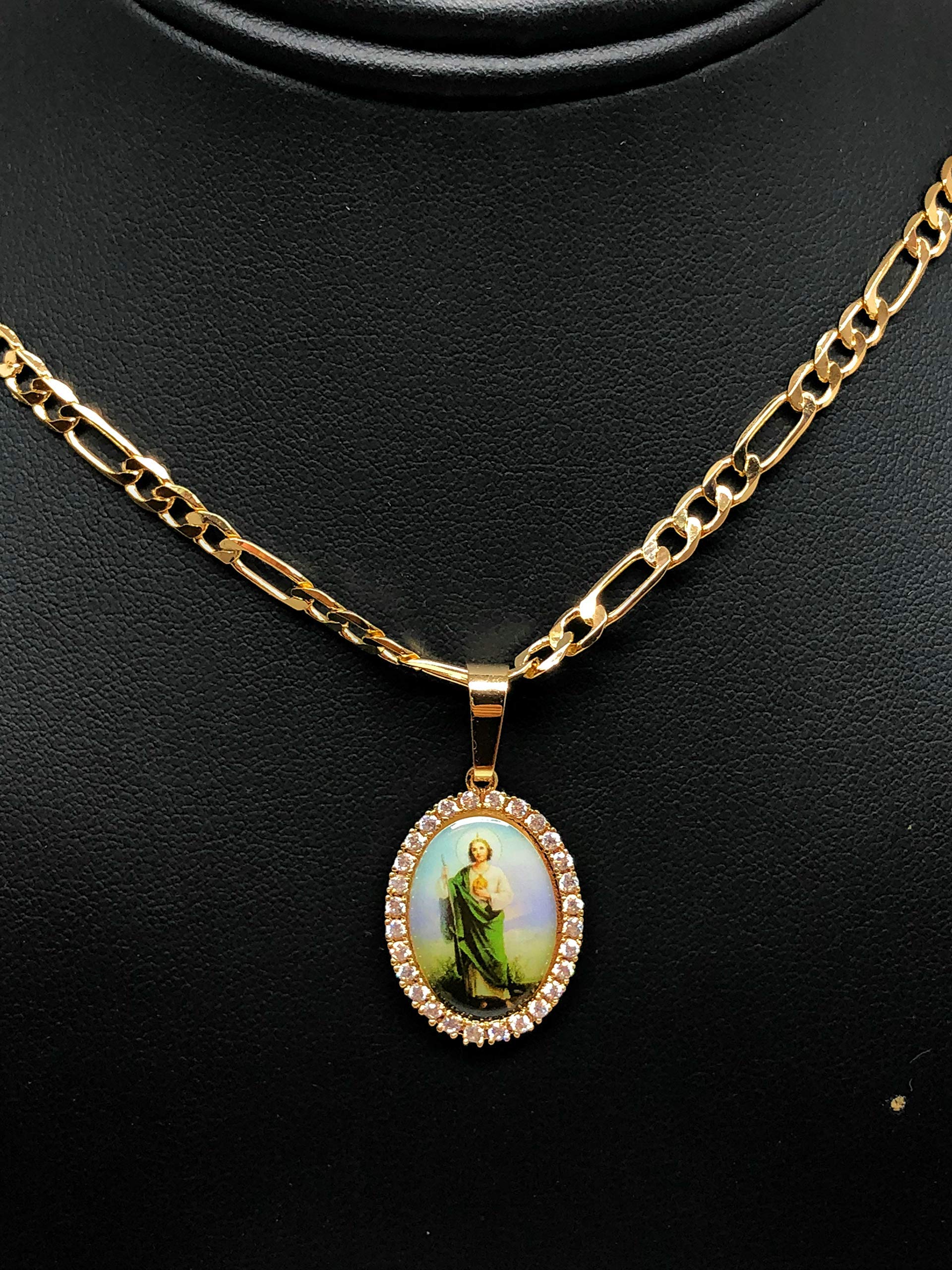 Gold Plated Saint Jude Pendant Necklace Figro 26" San Judas Tadeo Medalla Oro Laminado Figaro