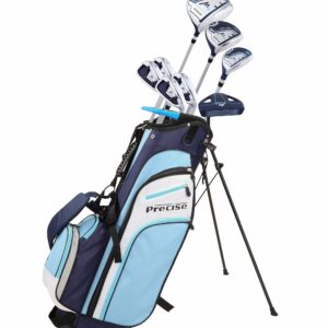 Precise M3 Petite Women's Right Handed Golf Club Set includes 12* Driver, 3 Wood, 21* Hybrid, 7-9 Cavity Back Irons, Pitching Wedge, Putter, Deluxe Stand Bag & 3 Headcovers, Stylish Lite Blue