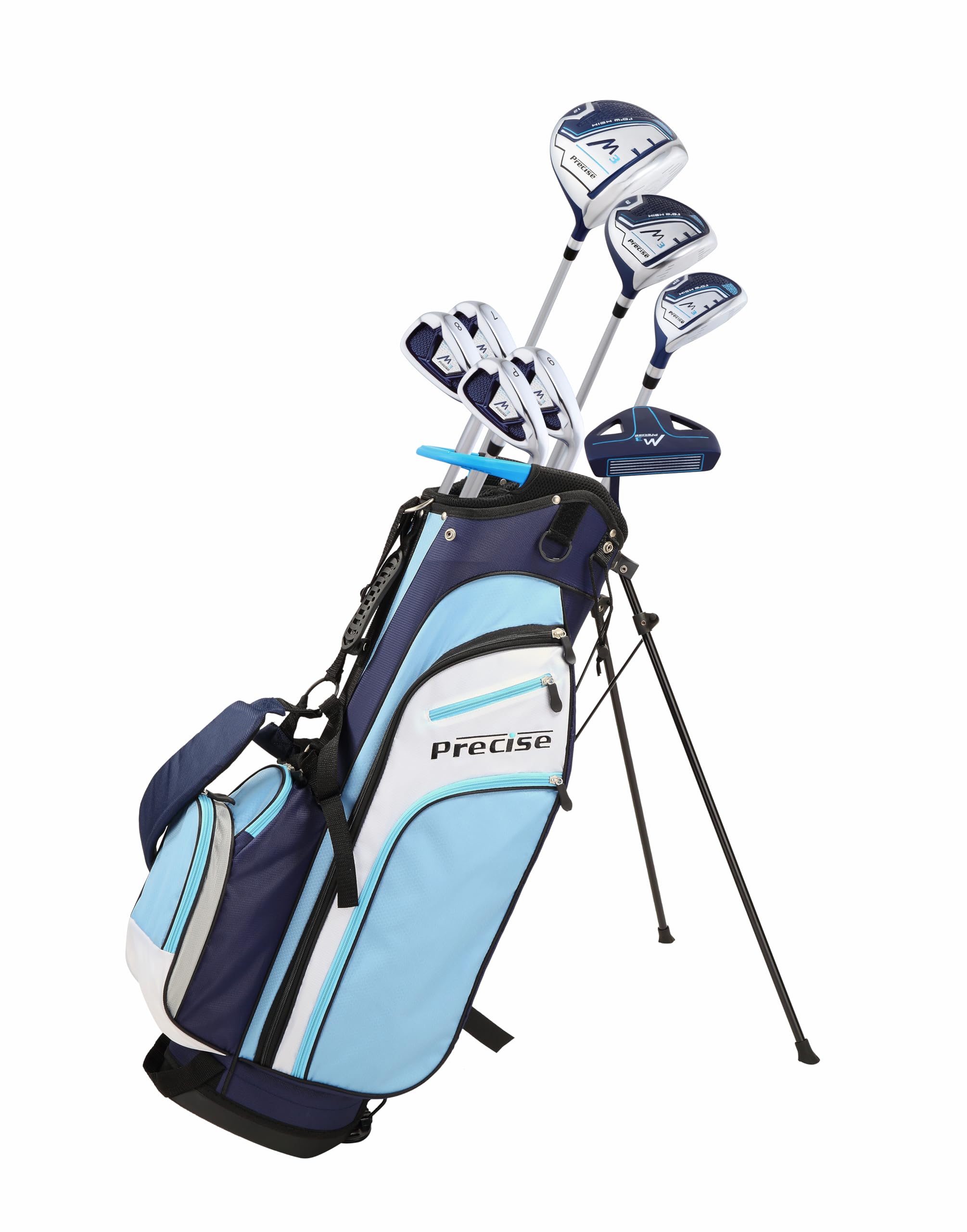 Precise M3 Petite Women's Right Handed Golf Club Set includes 12* Driver, 3 Wood, 21* Hybrid, 7-9 Cavity Back Irons, Pitching Wedge, Putter, Deluxe Stand Bag & 3 Headcovers, Stylish Lite Blue