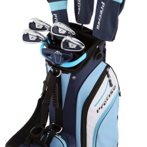 Precise M3 Petite Women's Right Handed Golf Club Set includes 12* Driver, 3 Wood, 21* Hybrid, 7-9 Cavity Back Irons, Pitching Wedge, Putter, Deluxe Stand Bag & 3 Headcovers, Stylish Lite Blue