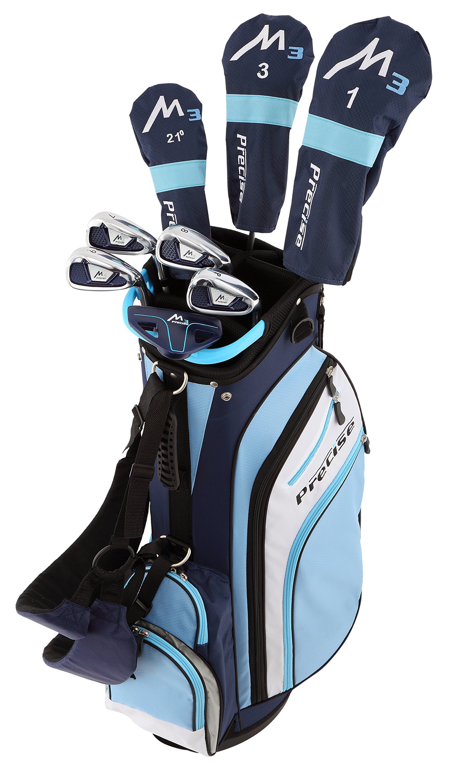 Precise M3 Petite Women's Right Handed Golf Club Set includes 12* Driver, 3 Wood, 21* Hybrid, 7-9 Cavity Back Irons, Pitching Wedge, Putter, Deluxe Stand Bag & 3 Headcovers, Stylish Lite Blue