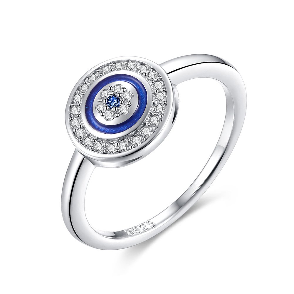 Round Blue Evil Eye Band Ring in Sterling Silver 925 Cubic Zirconia & Enamel[Size 6]