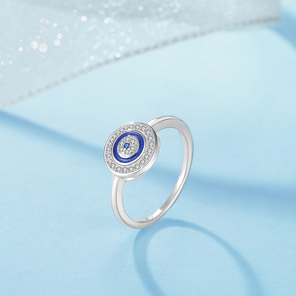 Round Blue Evil Eye Band Ring in Sterling Silver 925 Cubic Zirconia & Enamel[Size 6]