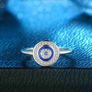 Round Blue Evil Eye Band Ring in Sterling Silver 925 Cubic Zirconia & Enamel[Size 6]