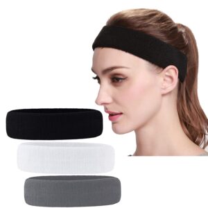 Men & Women Sweatband Headband Terry Cloth Moisture Wicking for Sports,Tennis,Gym,Work Out (White,Black,Gray) One Size