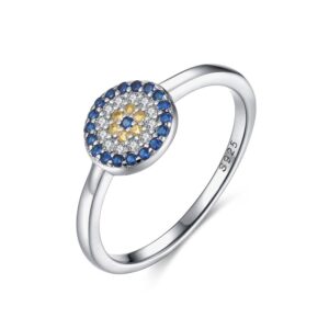 8mm Round Blue Evil Eye Band Ring in Sterling Silver 925 with Cubic Zirconia[Size 6]