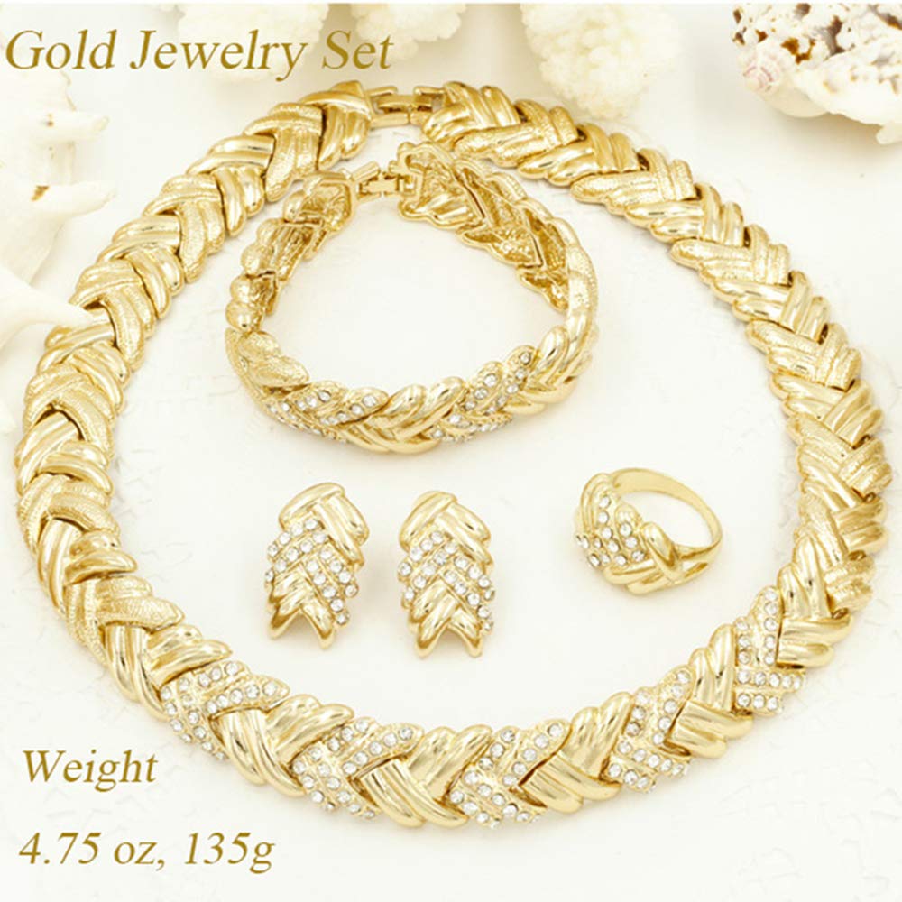 LIFFLY Fashion Crystal Jewelry Set for Women, 18 K Gold Plated Jewelry for Weddings, Dubai Gold Necklace Earrings Set