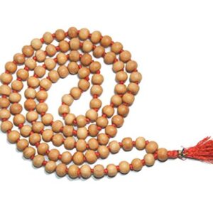 IS4A 8MM TULSI HOLY BASIL PRAYER BEADS JAPA MALA NECKLACE HAND KNOTTED. KARMA 108+1=109 BEADS. BLESSED & ENERGIZED HINDU TIBETAN BUDDHIST SUBHA ROSARY RED TESSEL