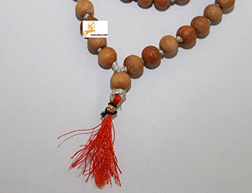 IS4A 8MM TULSI HOLY BASIL PRAYER BEADS JAPA MALA NECKLACE HAND KNOTTED. KARMA 108+1=109 BEADS. BLESSED & ENERGIZED HINDU TIBETAN BUDDHIST SUBHA ROSARY RED TESSEL