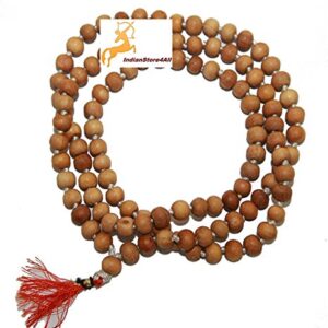 IS4A 8MM TULSI HOLY BASIL PRAYER BEADS JAPA MALA NECKLACE HAND KNOTTED. KARMA 108+1=109 BEADS. BLESSED & ENERGIZED HINDU TIBETAN BUDDHIST SUBHA ROSARY RED TESSEL