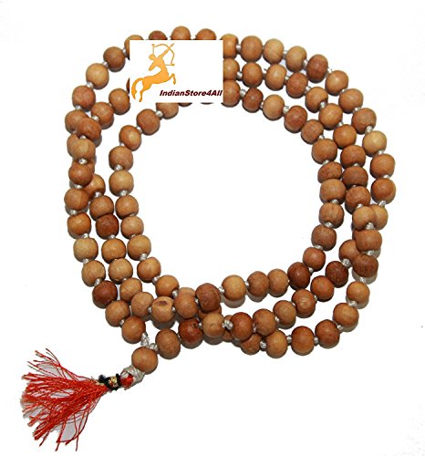 IS4A 8MM TULSI HOLY BASIL PRAYER BEADS JAPA MALA NECKLACE HAND KNOTTED. KARMA 108+1=109 BEADS. BLESSED & ENERGIZED HINDU TIBETAN BUDDHIST SUBHA ROSARY RED TESSEL