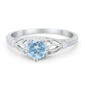 Blue Apple Co. Art Deco Vintage Design Wedding Engagement Solitaire Ring Simulated Round Aquamarine 925 Sterling Silver,Size-7