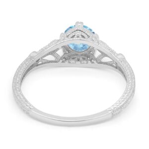 Blue Apple Co. Art Deco Vintage Design Wedding Engagement Solitaire Ring Simulated Round Aquamarine 925 Sterling Silver,Size-7