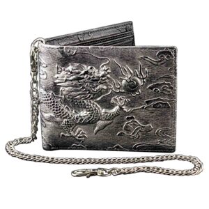 mens dragon vintage silver grey leather wallet card holder purse with chain