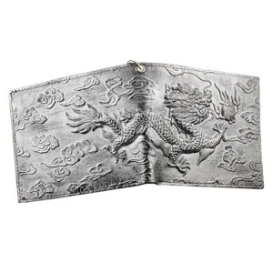 Mens Dragon Vintage Silver Grey Leather Wallet Card Holder Purse With Chain