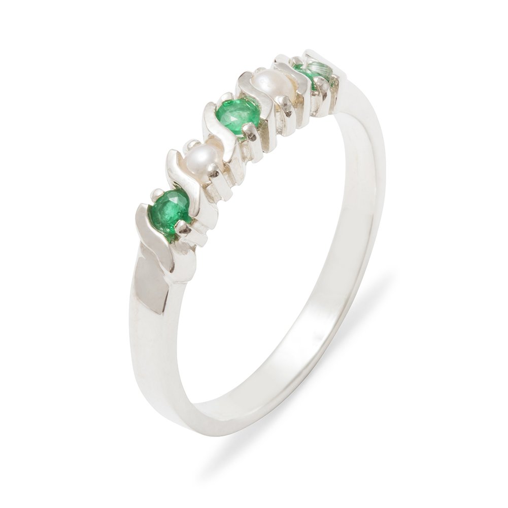 LetsBuyGold Solid 925 Sterling Silver Real Genuine Emerald & Cultured Pearl Womens Eternity Band Ring - 12 - Size 12