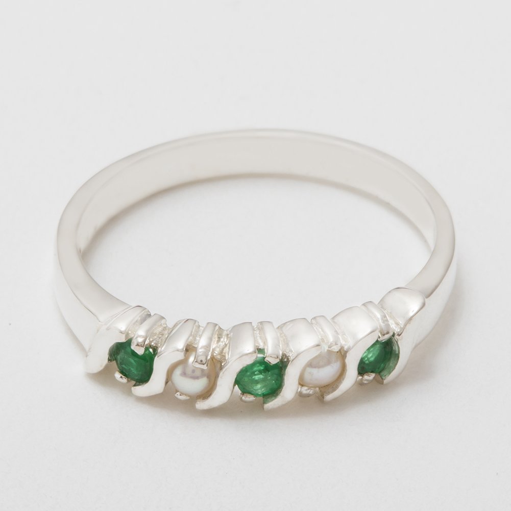 LetsBuyGold Solid 925 Sterling Silver Real Genuine Emerald & Cultured Pearl Womens Eternity Band Ring - 12 - Size 12