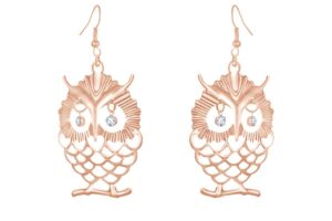 round shape white cubic zirconia owl dangle earring in 14k rose gold over sterling silver