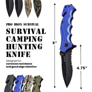 Pro Iron Assisted Opening Serrated Edge Outdoor Survival Camping Hunting Knife Stainless Steel Protective Black Oxide Coating Built-in Seat Belt Cutter and Carry Pocket Clip (Nature Camo)