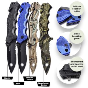 Pro Iron Assisted Opening Serrated Edge Outdoor Survival Camping Hunting Knife Stainless Steel Protective Black Oxide Coating Built-in Seat Belt Cutter and Carry Pocket Clip (Nature Camo)