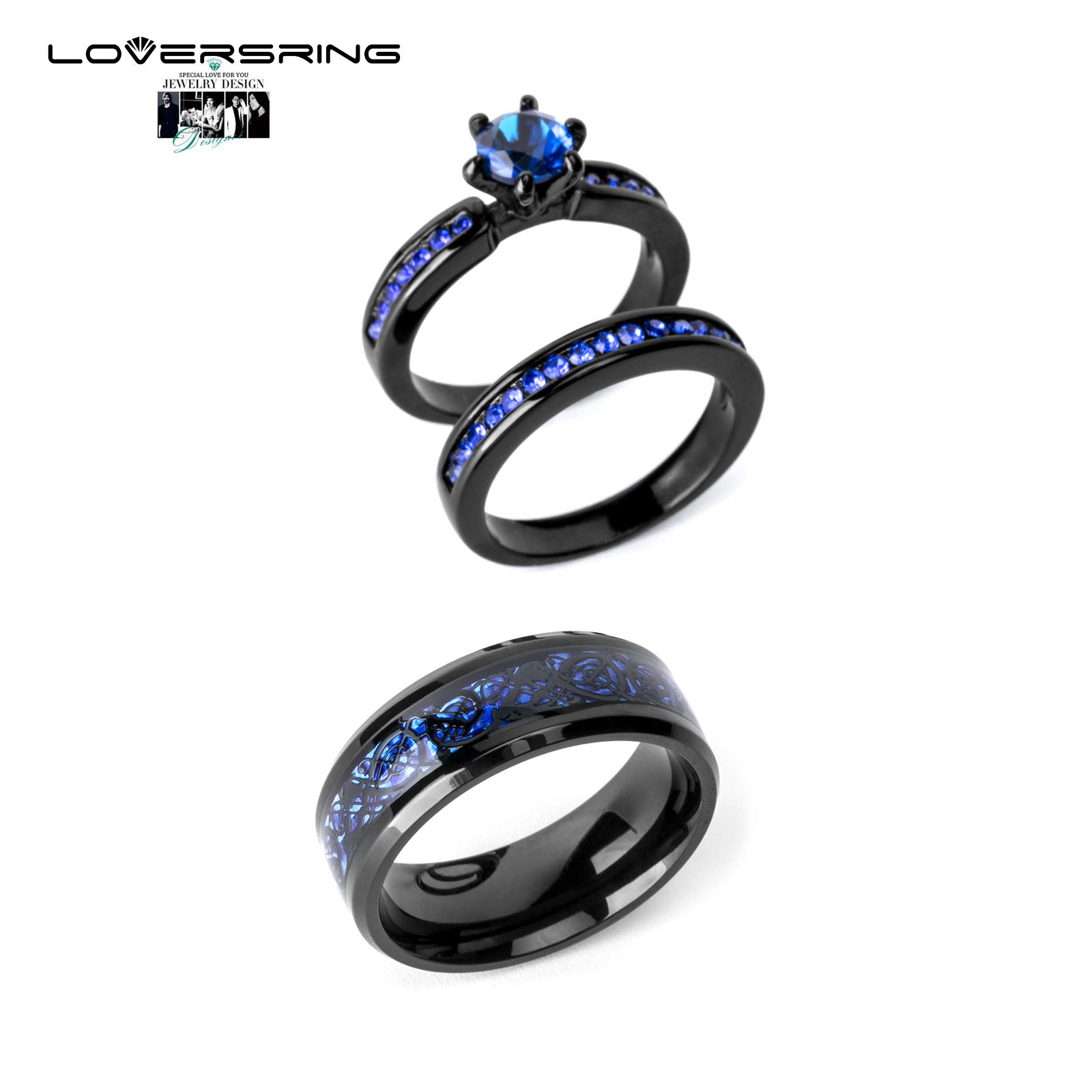 LOVERSRING Couple Ring Bridal Sets His Hers 10k Black Gold Filled Blue Cz Stainless Steel Wedding Ring Band Set