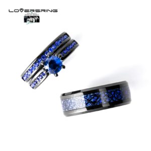 LOVERSRING Couple Ring Bridal Sets His Hers 10k Black Gold Filled Blue Cz Stainless Steel Wedding Ring Band Set