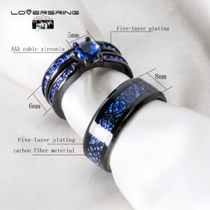 LOVERSRING Couple Ring Bridal Sets His Hers 10k Black Gold Filled Blue Cz Stainless Steel Wedding Ring Band Set