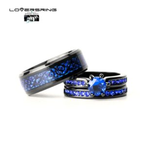 LOVERSRING Couple Ring Bridal Sets His Hers 10k Black Gold Filled Blue Cz Stainless Steel Wedding Ring Band Set