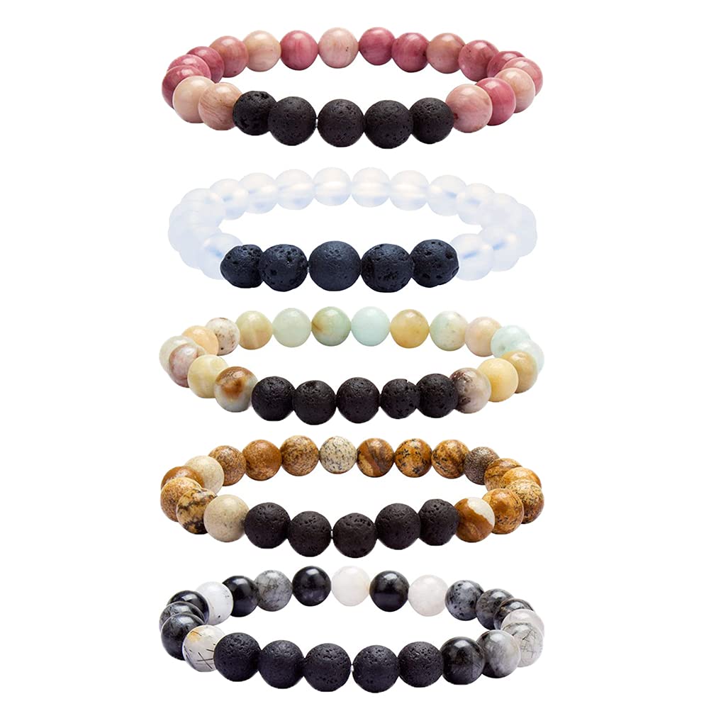 YISSION Essential Oil Bracelets Lava Rock Stone Matt Semi Precious Gemstone Bracelet for Man Women Stretch Anxiety Bracelet Set for Work School Yoga Gifts