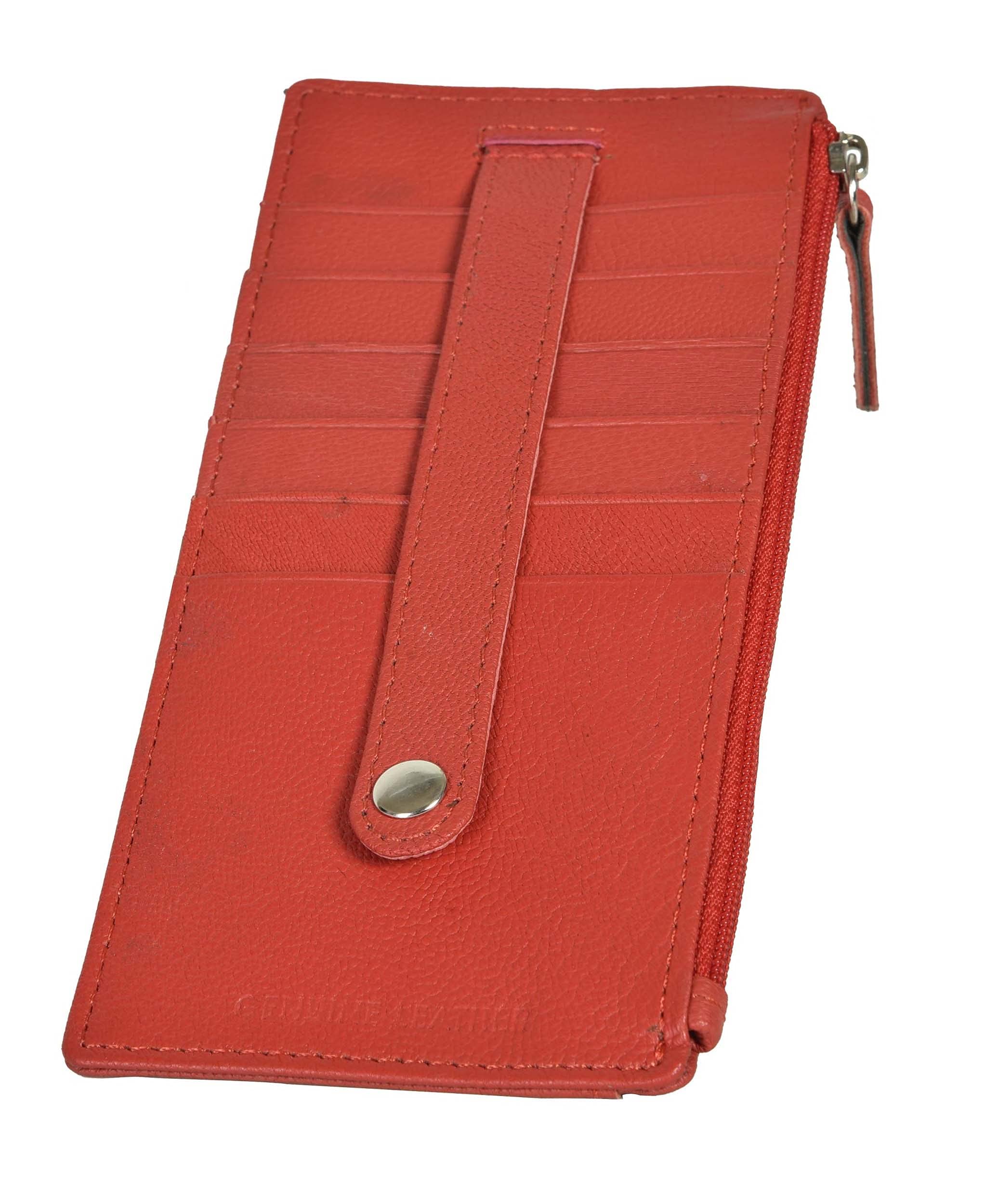 Leatherboss Genuine Leather Women's All in One Credit Business Card Case Holder Slim Zipper Wallet With a Card Protection Strap, Red