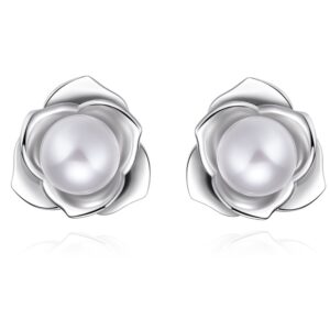 "Lovely Rose" High Polished 925 Sterling Silver Earrings with 7-8mm Natural Freshwater Pearl (Jewels Set)